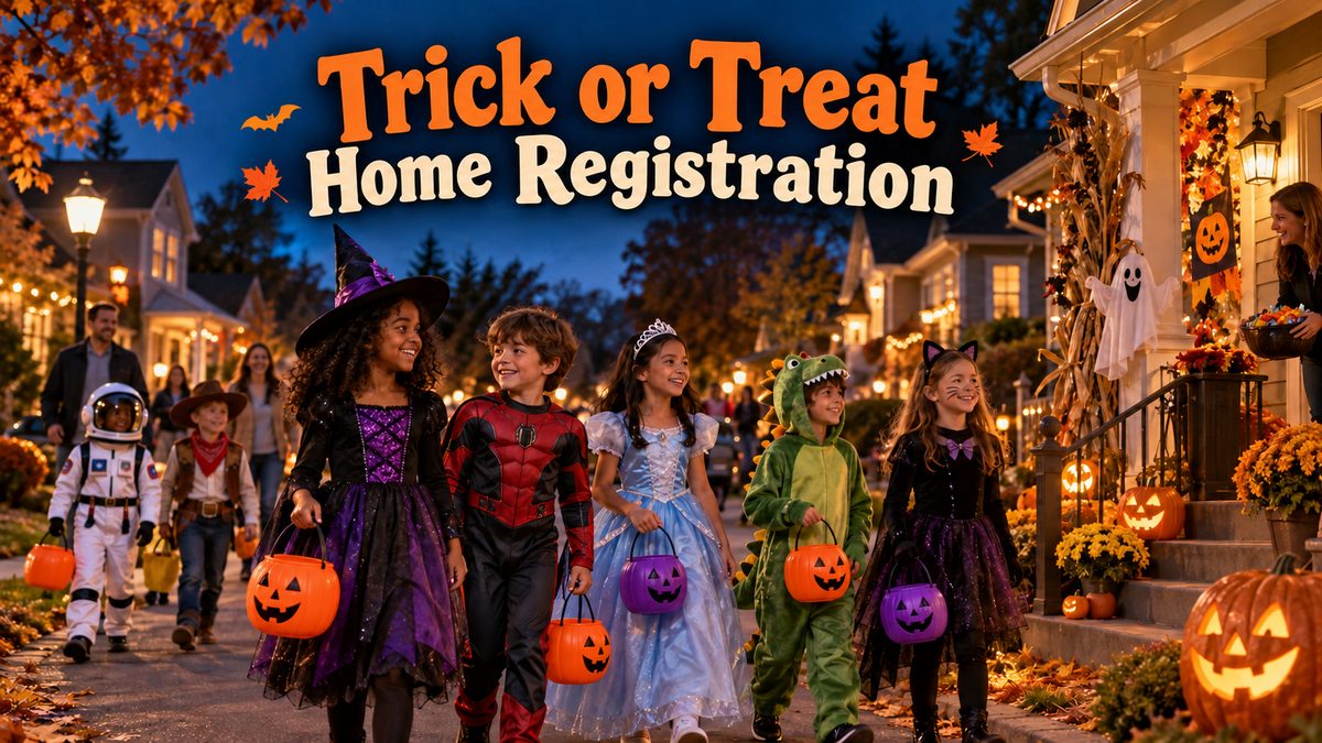 Trick-or-Treat Map 2026 in Bryan Grove: costumed children walking a decorated neighborhood street at dusk with candy buckets